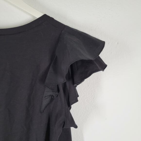 Zara Ruffle Sleeve T Shirt Black Sz Medium 100% Cotton - Picture 3 of 9